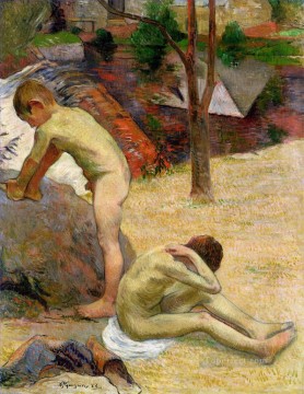 Paul Gauguin Painting - Niños bretones bañando al niño de Paul Gauguin
